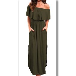 NWT Off-Shoulder Long Ruffle Maxi Dress w/ Pockets